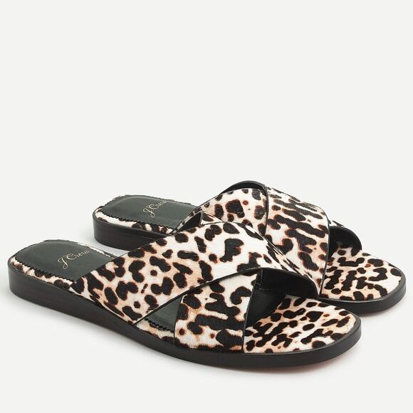 J Crew Cross Strap Ivory Leopard Calf Hair Sandals NWT